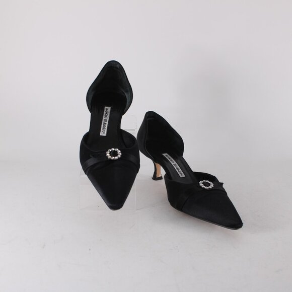 Manolo Blahnik Heels Floran Sz 38 Black Rhinestones Satin Leather Kitten 1.5" - Picture 3 of 13